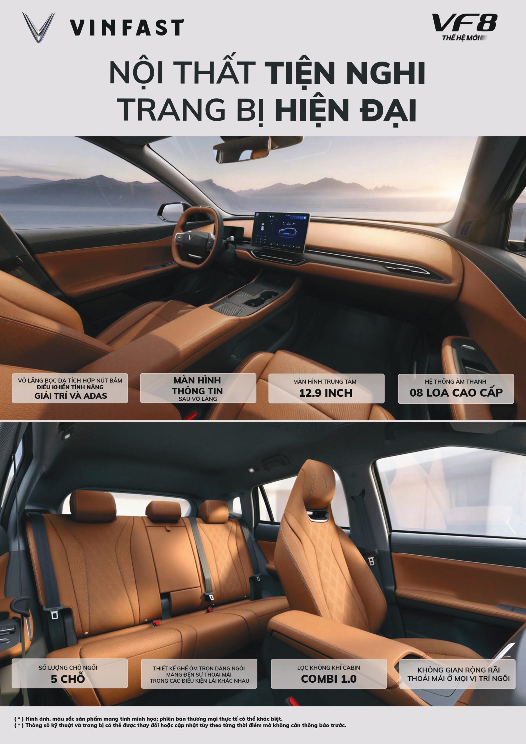 Không gian nội thất của VinFast VF 8 được thiết kế rộng rãi và tập trung vào sự tiện nghi cho người sử dụng.