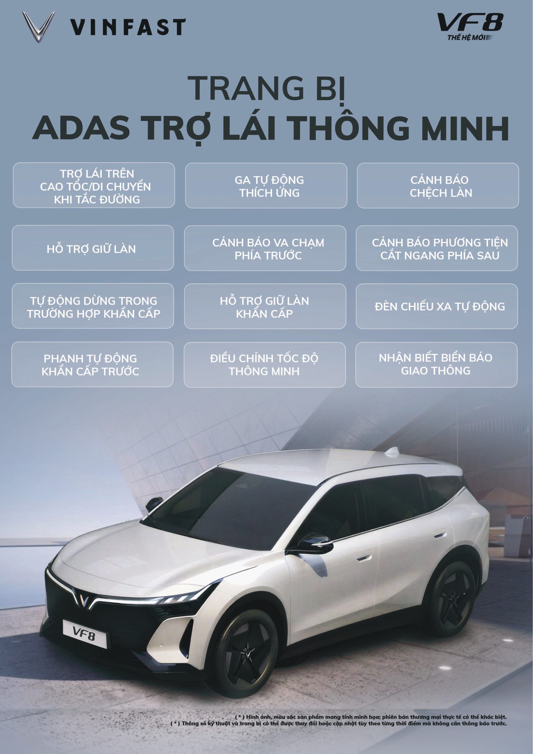 VinFast VF 8 được trang bị nhiều tính năng hỗ trợ lái hiện đại nhằm tăng sự an toàn khi vận hành.